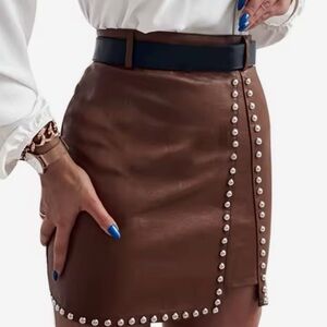 Brown PLeather Mini Skirt funky pencil skirt faux leather size L